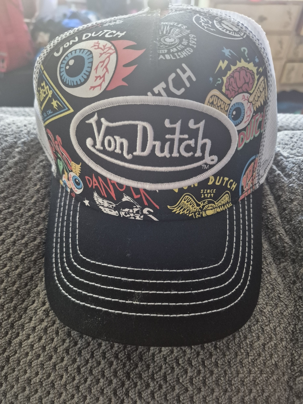 NWT Von Dutch Black Jax All Over White Mesh Back Trucker - Adjustable Snapback